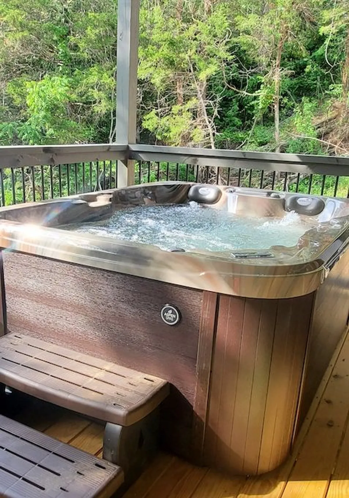 A tranquil exterior scene featuring a private hot tub on a wooden deck surrounded by lush greenery. The scene exudes peace and seclusion, with the hot tub perfectly positioned to enjoy the natural surroundings. The wooden deck offers ample space for relaxation, and the greenery provides a sense of privacy and connection to the Smoky Mountains.