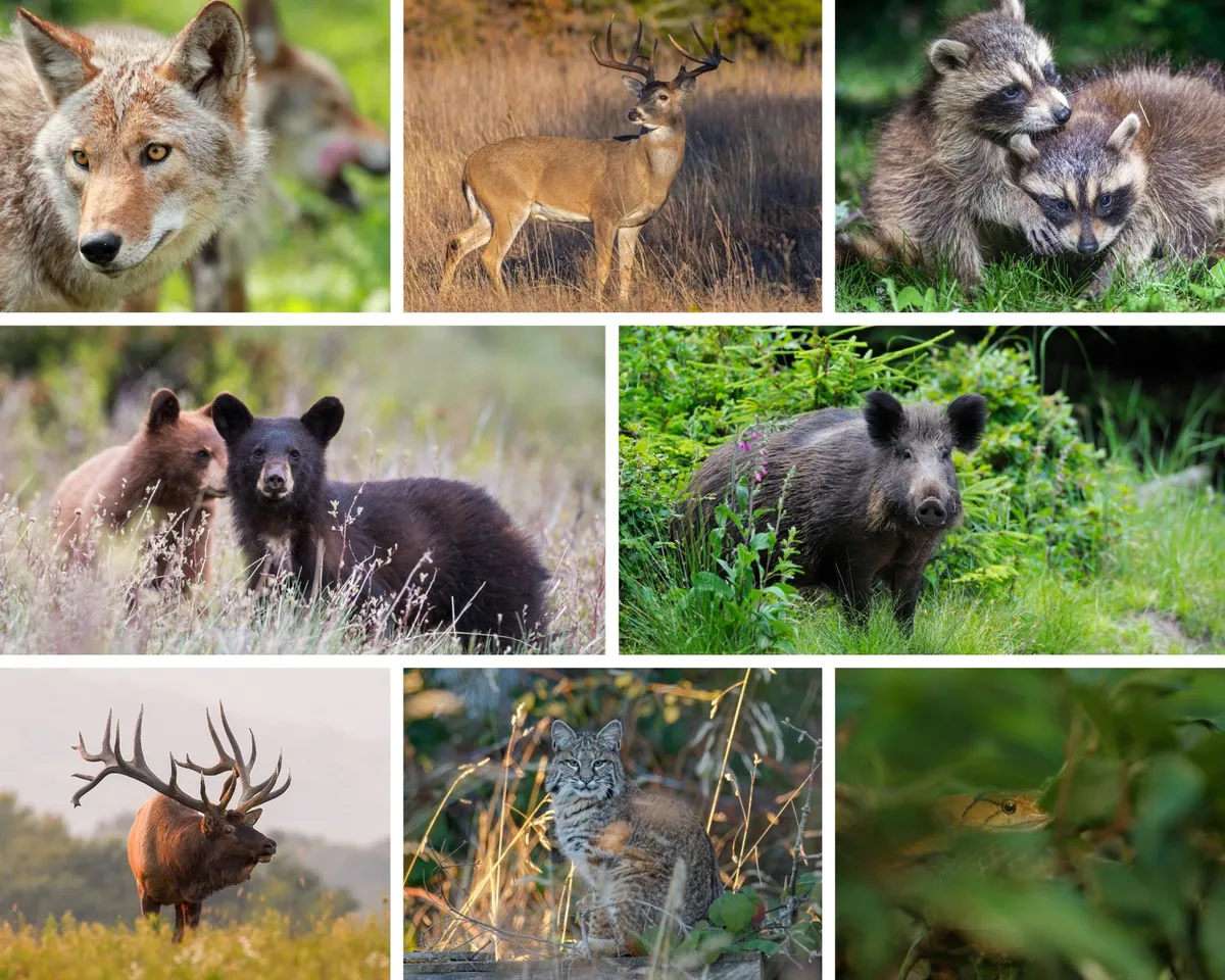A playful and intriguing exterior image featuring illustrations of local wildlife such as deer, raccoons, black bears, elk, and more. The scene suggests the natural wonders and outdoor exploration opportunities available nearby, connecting directly with the petting zoo and wildlife encounters mentioned in the section.